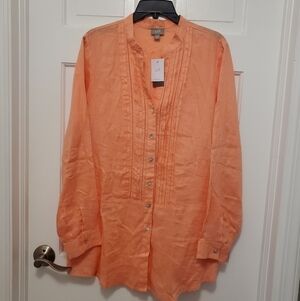 NWT J. Jill Love Linen Tunic Top Size L Front Buttons Boho, Pleats Beach Ret $89